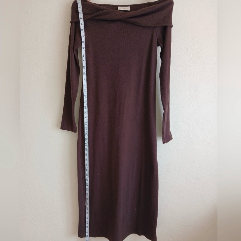 NWT Chocolate Brown Off Shoulder Ribbed Midi Dress Long Sleeve Bodycon Medium - Picture 13 of 13